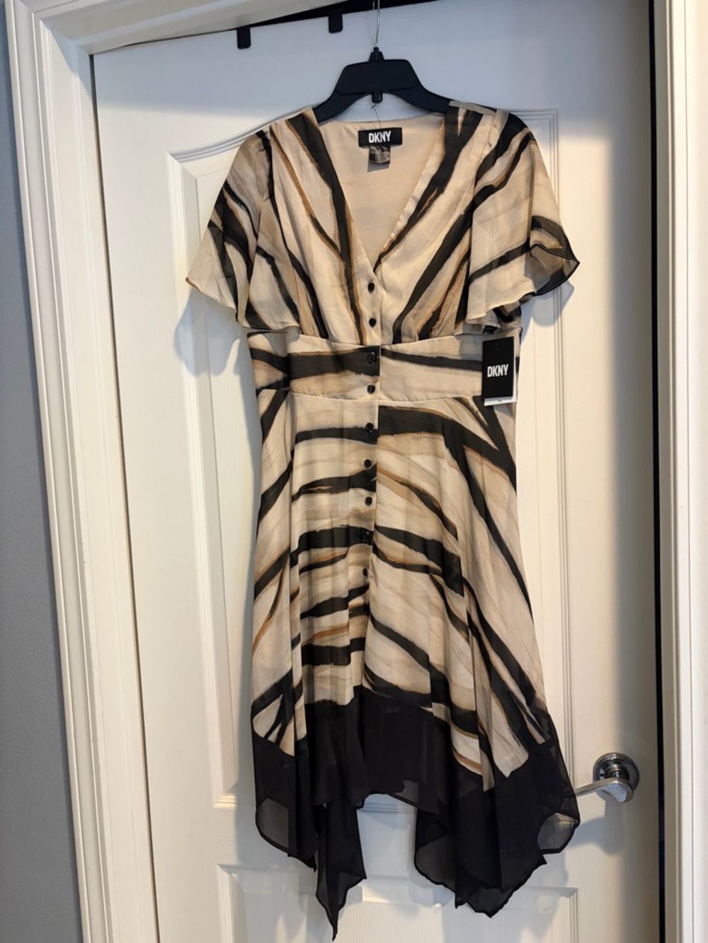 DKNY Beige, Black and Tan Asymmetrical Handkerchief Hem Dress